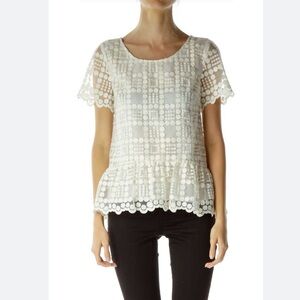 Leifsdottir Off White Embroidered Polka Dot Scoop NeckShort Sleeve Blouse Size 2